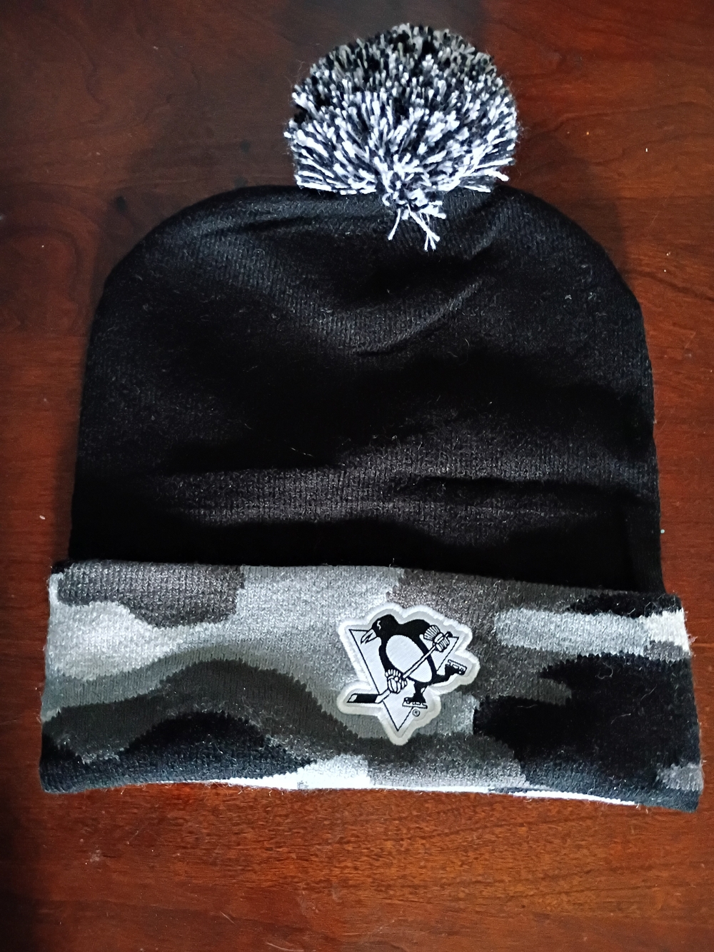 Kids Black Beanie with Gray Camo Cuff and Pom